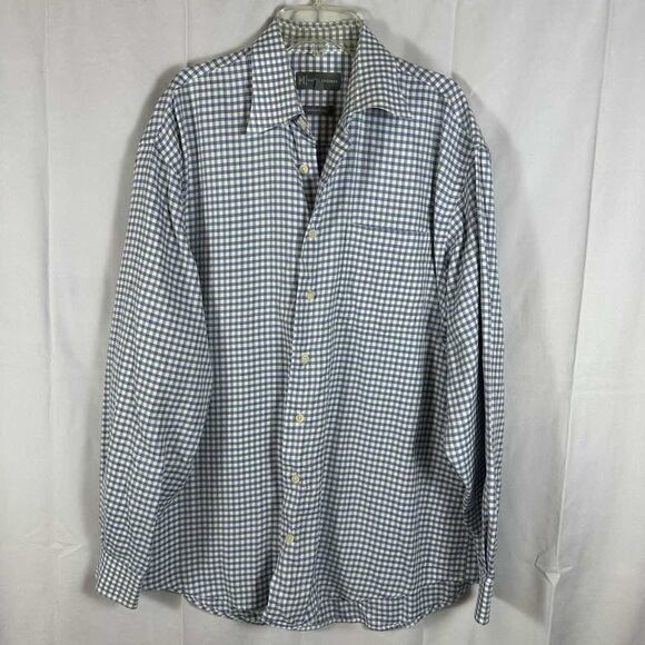 Hickey Freeman Mens Blue & Gray Checked Button Down Business Shirt Italy Large - Picture 1 of 12